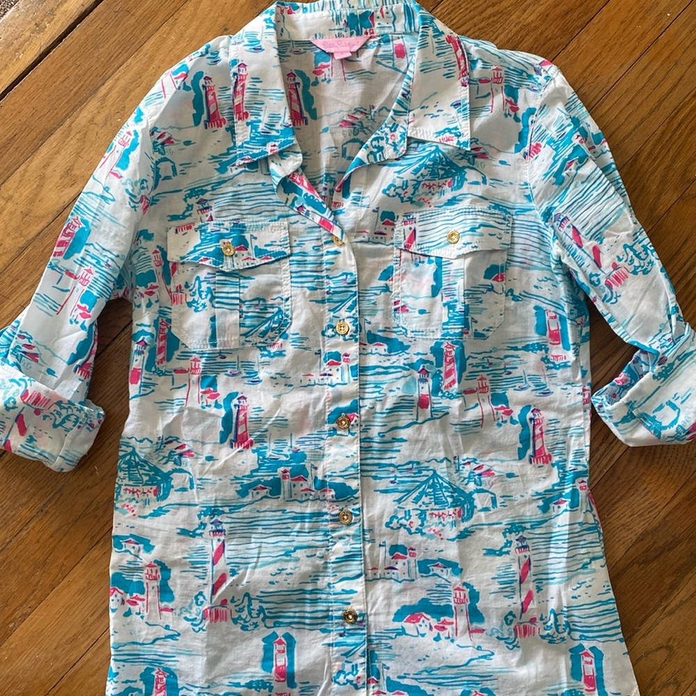 Lilly Pulitzer lighthouse print camp button up shirt 6